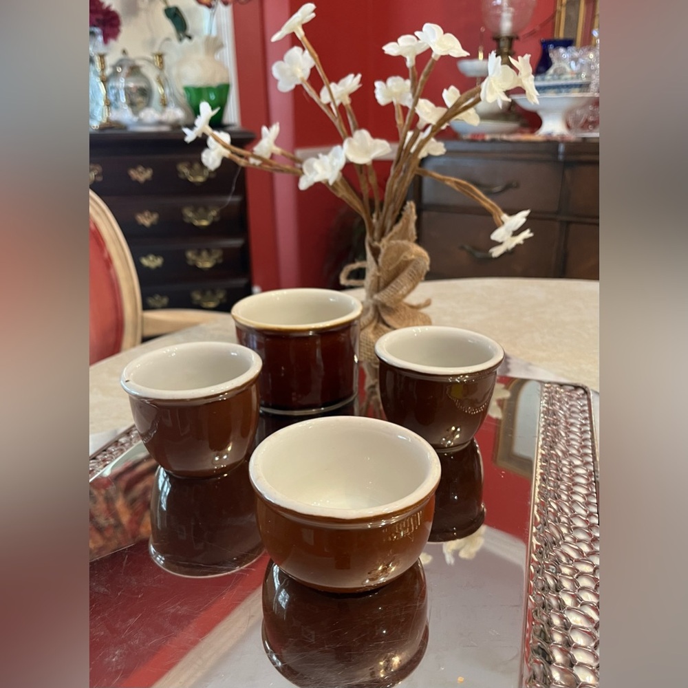Vintage Hall Pottery Brown Glaze Stoneware with white lining. Four pieces.